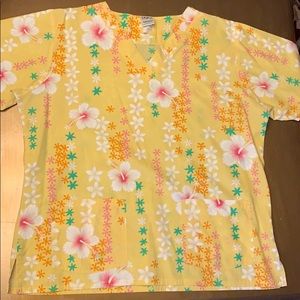 Yellow Floral Hawaiian Scrub Top